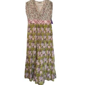 D’Ascoli Natalia Dress Boho Maxi Floral Print Green Pink Cream M